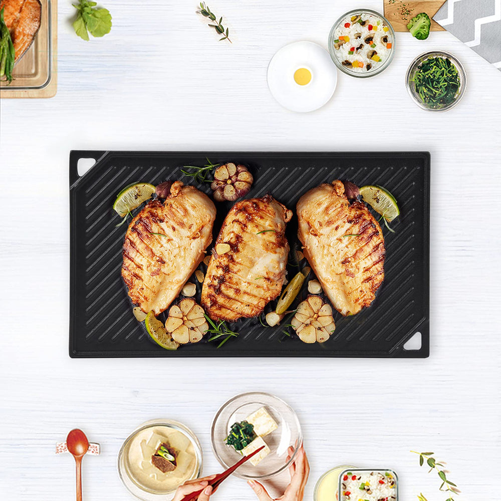GasSaf griddle on gas stove in use retaining heat for even cooking benefit