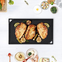 GasSaf griddle on gas stove in use retaining heat for even cooking benefit