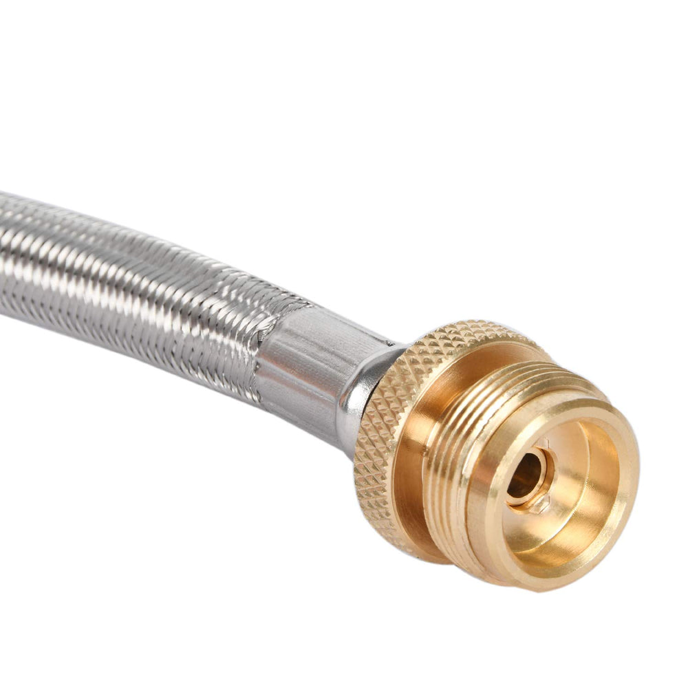GasSaf hose beside a disposable 1"-20 cylinder showing 5ft length and placement flexibility