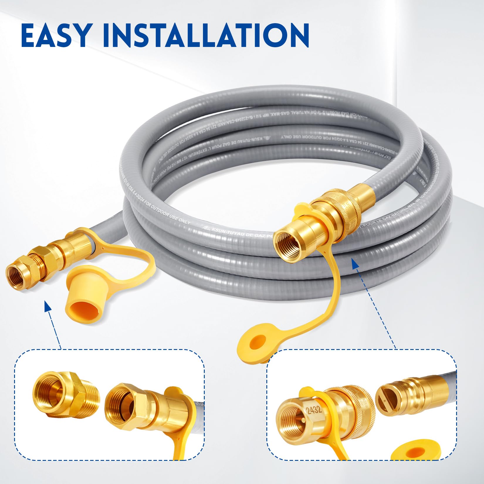 GasSaf hose next to wrench showing correct scale and installation ease
