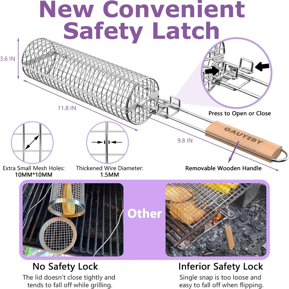 GAUYEBY basket on charcoal grill demonstrating 360° rotation for even cooking