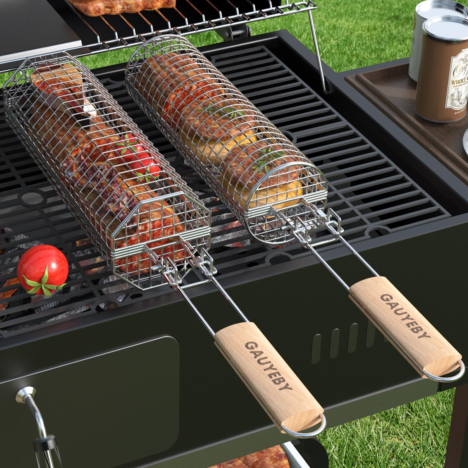 GAUYEBY front view showing both octagon and round grill baskets for versatile grilling