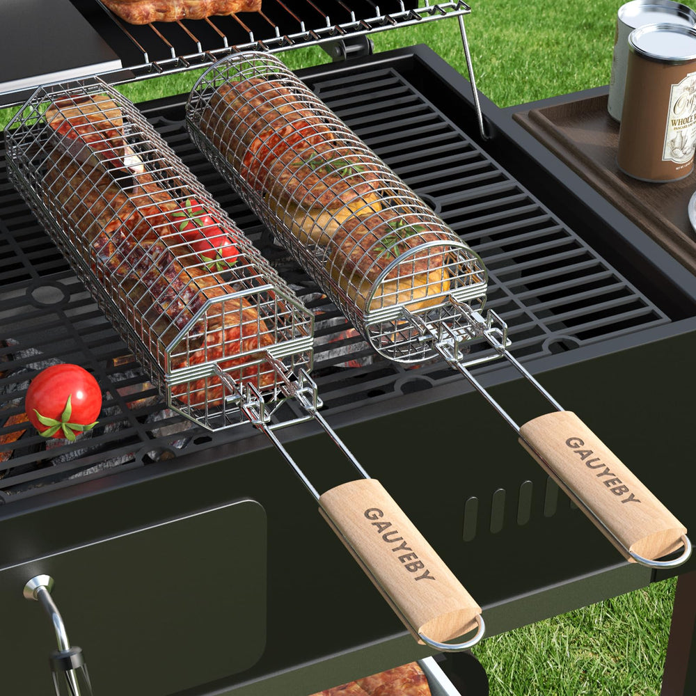 GAUYEBY front view showing both octagon and round grill baskets for versatile grilling