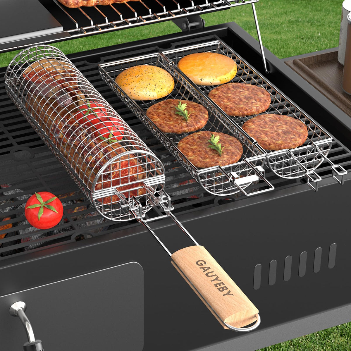 GAUYEBY front view rolling grill basket showing full design and even grilling benefit
