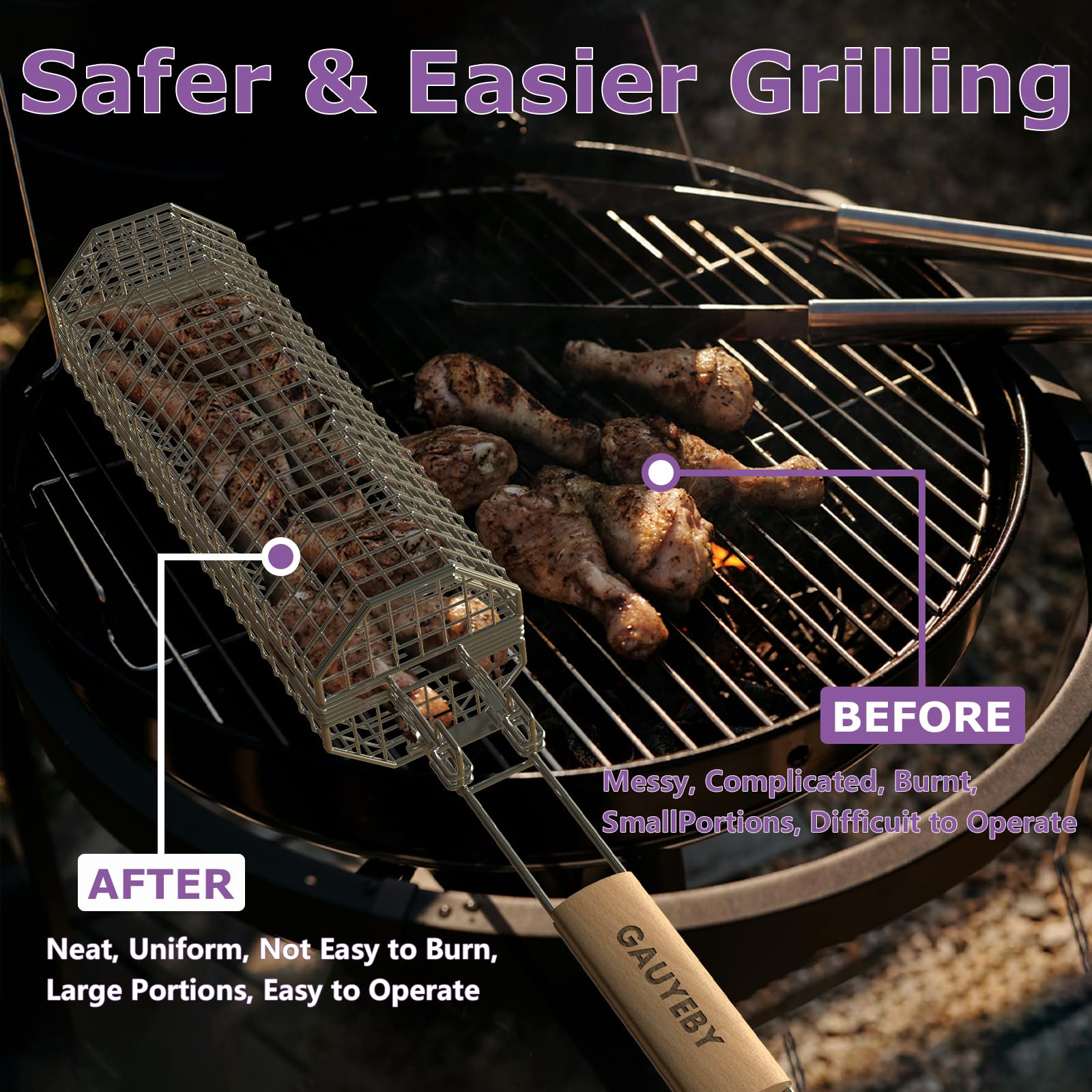 GAUYEBY grill baskets in use with shrimp over charcoal for even 360-degree cooking