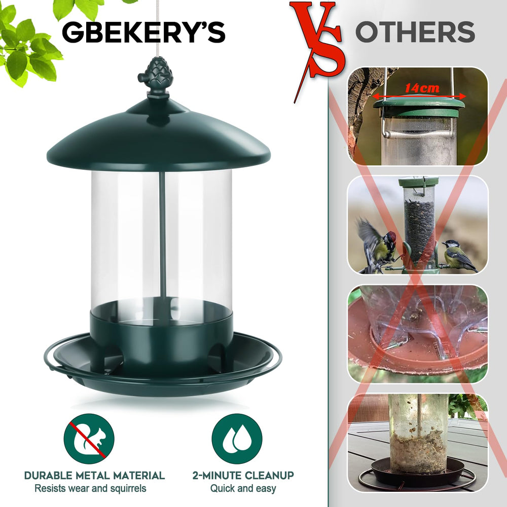 Gbekery feeder with birds feeding on 360° tray encouraging multiple visitors