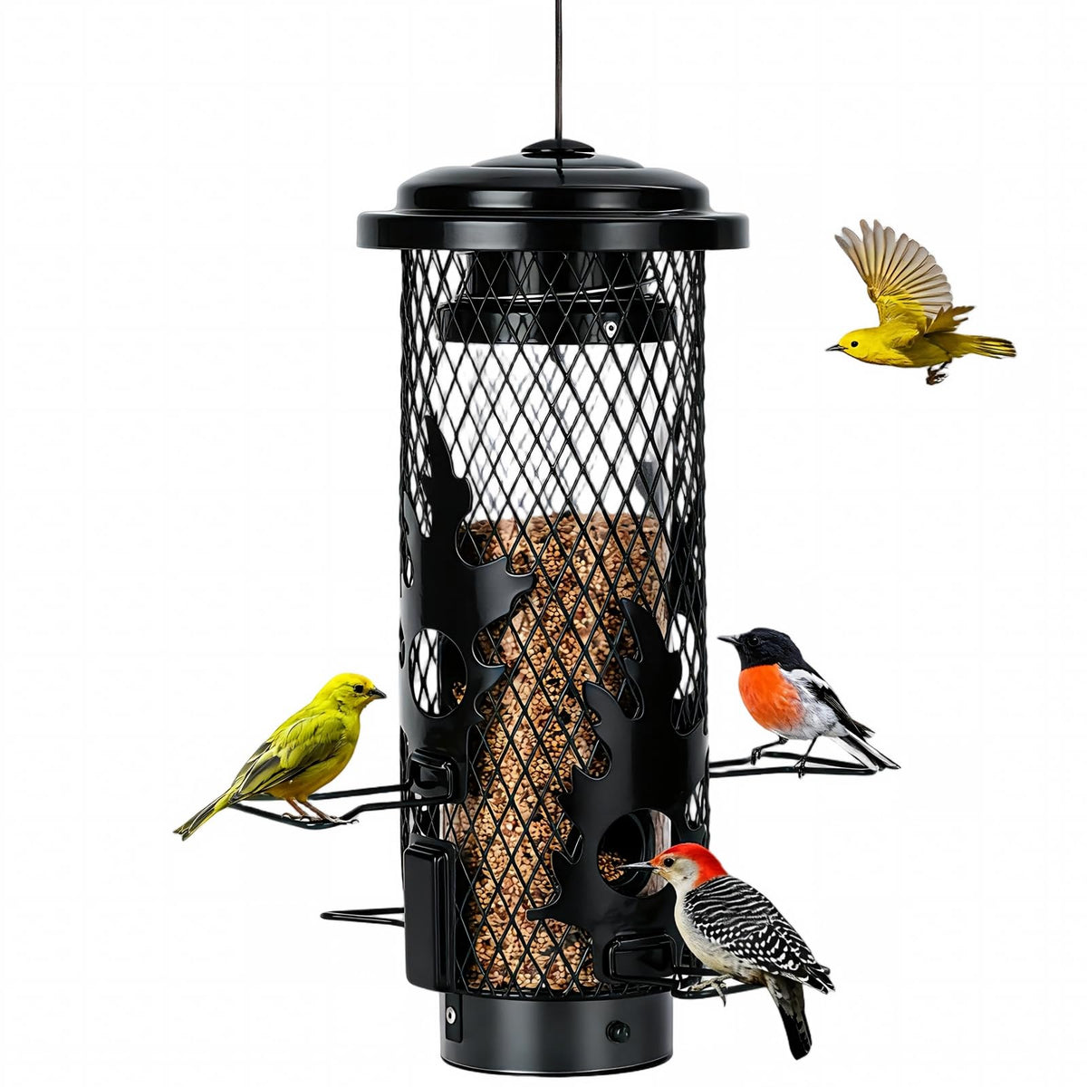 Gbekery feeder front view showing sleek black finish and hanging loop, durable design benefit