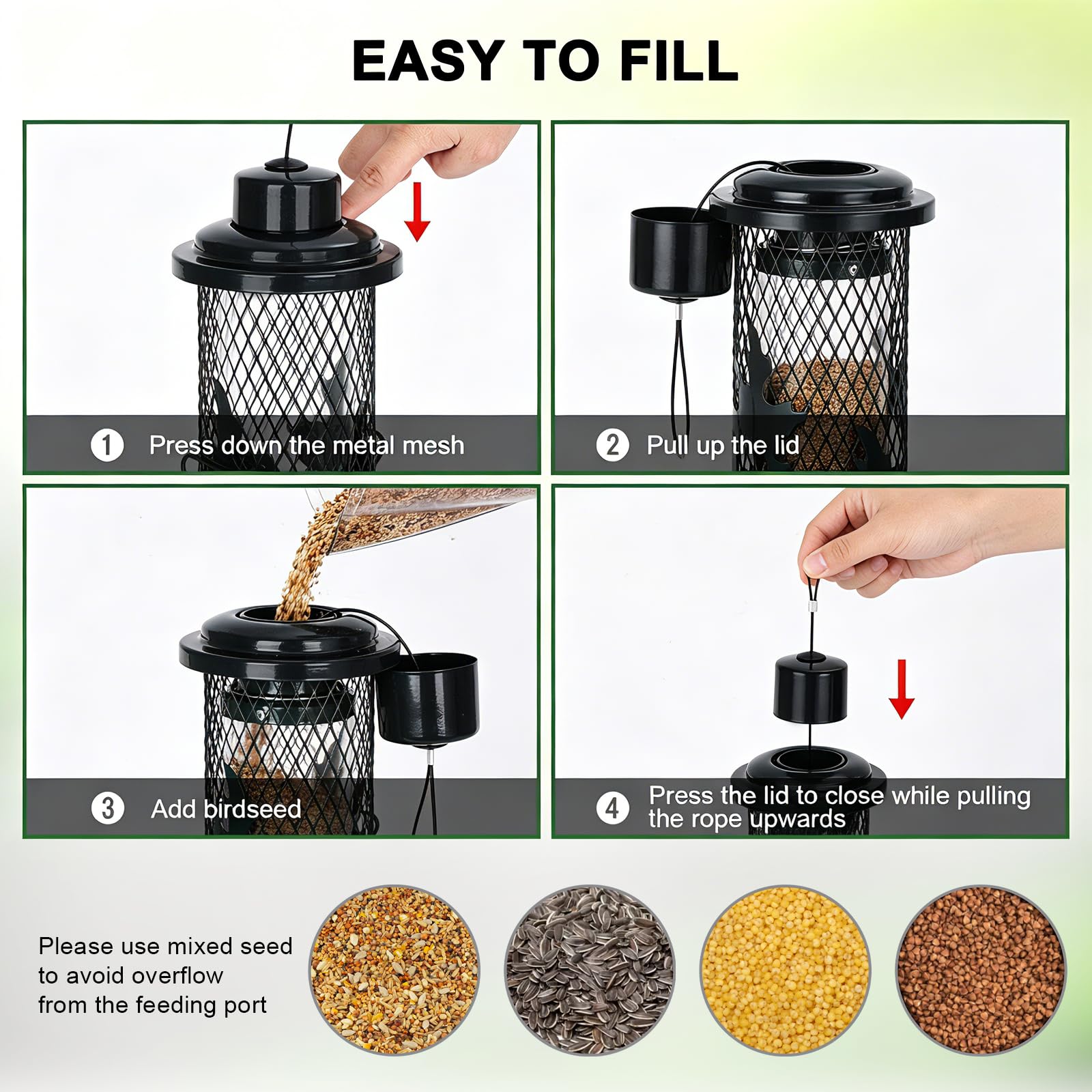 Gbekery feeder hanging in garden attracting small birds, enhances backyard viewing benefit