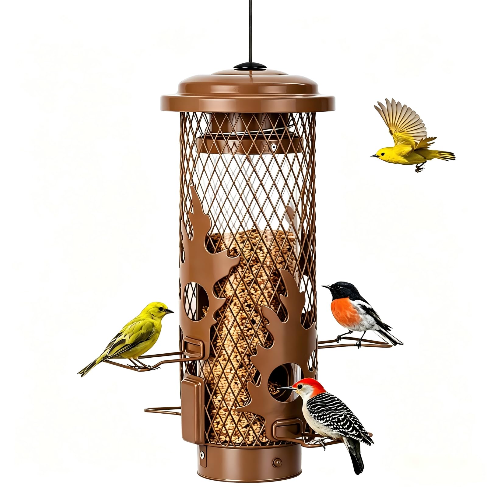 Gbekery front view brown feeder showing hanging design and seed ports, attracts small birds