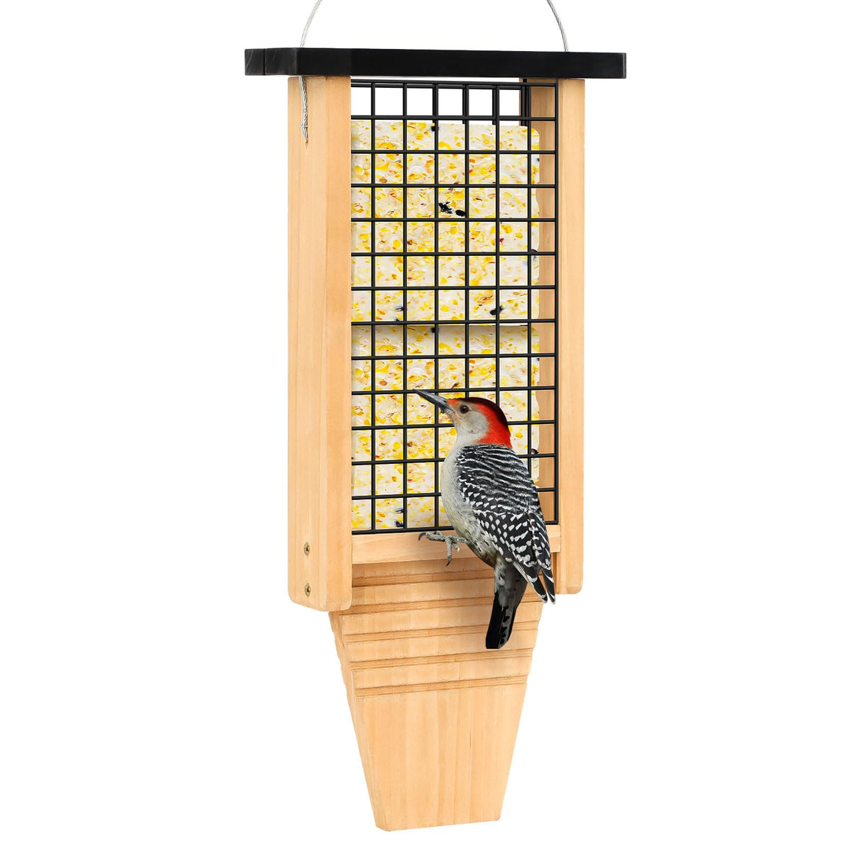 Gbekery front view hanging feeder showing cedar finish and double suet capacity for durable feeding