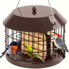 Gbekery front view of hanging suet feeder showing cage and hook, attracts small birds