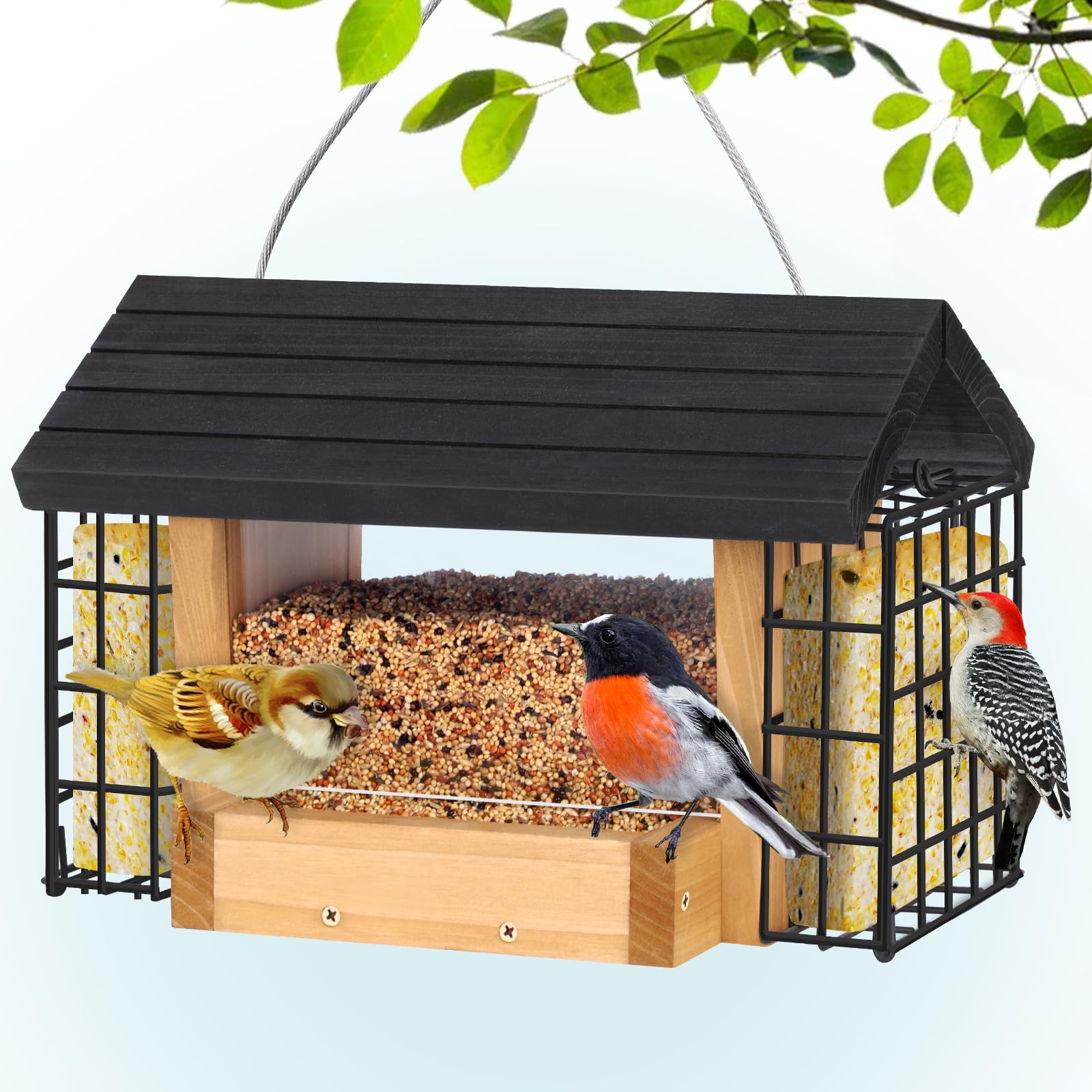 Gbekery front view of cedar hopper feeder showing seed capacity and hanging rope, invites birds