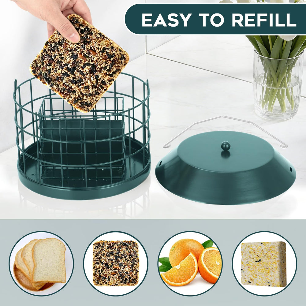 Gbekery feeder beside ruler for size comparison indicating large suet capacity