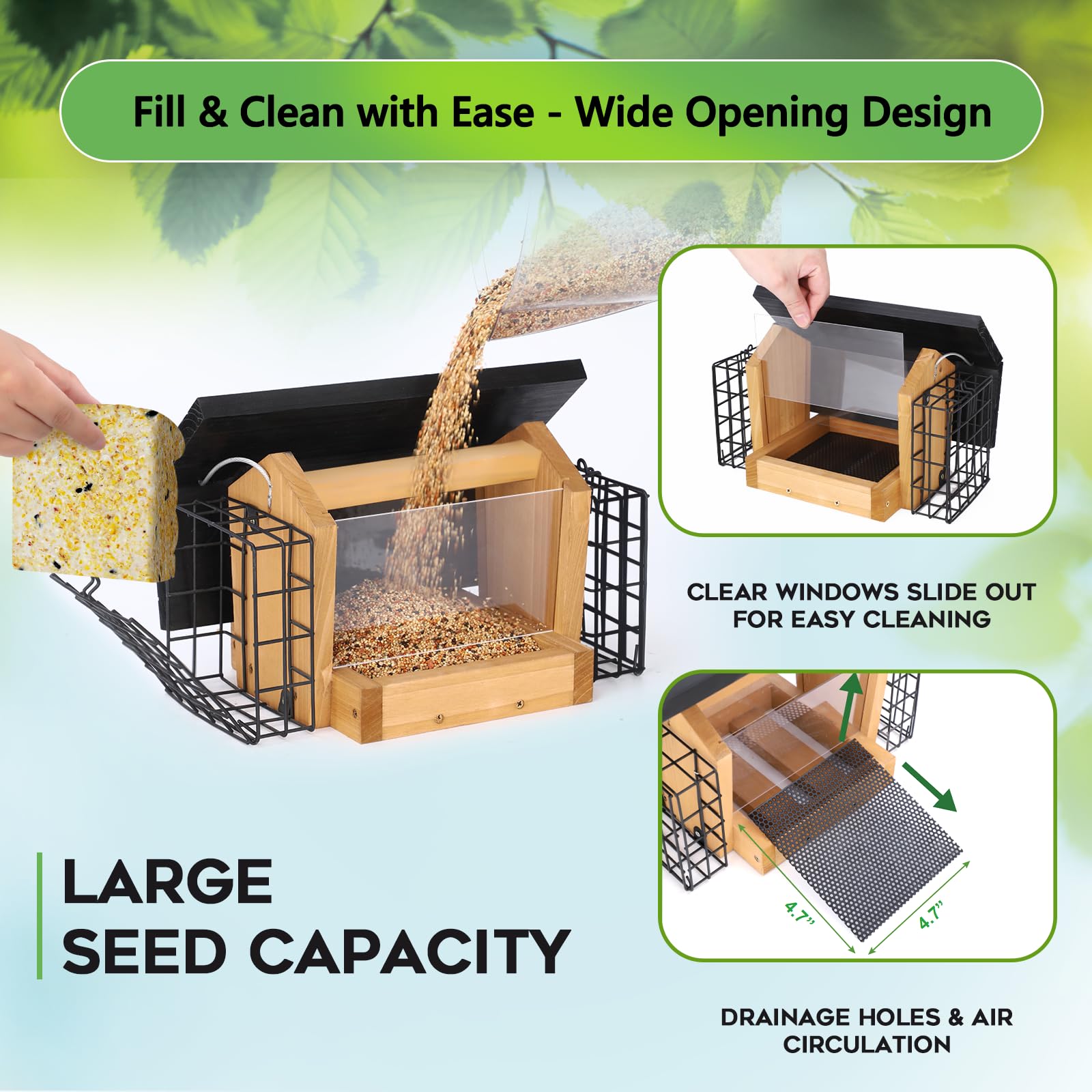 Gbekery side suet cage detail with secure latch showing versatile feeding options