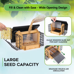 Gbekery side suet cage detail with secure latch showing versatile feeding options