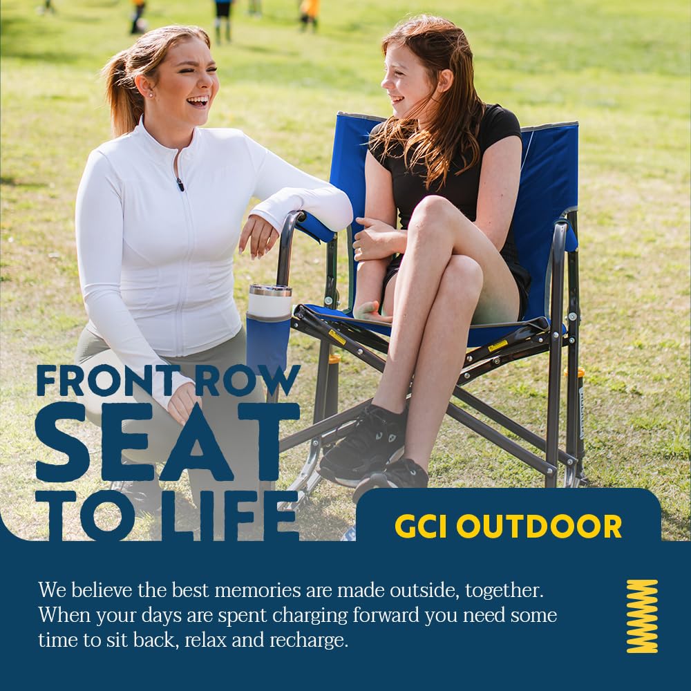 GCI Outdoor Freestyle Rocker XL at a campfire demonstrating comfort and outdoor use