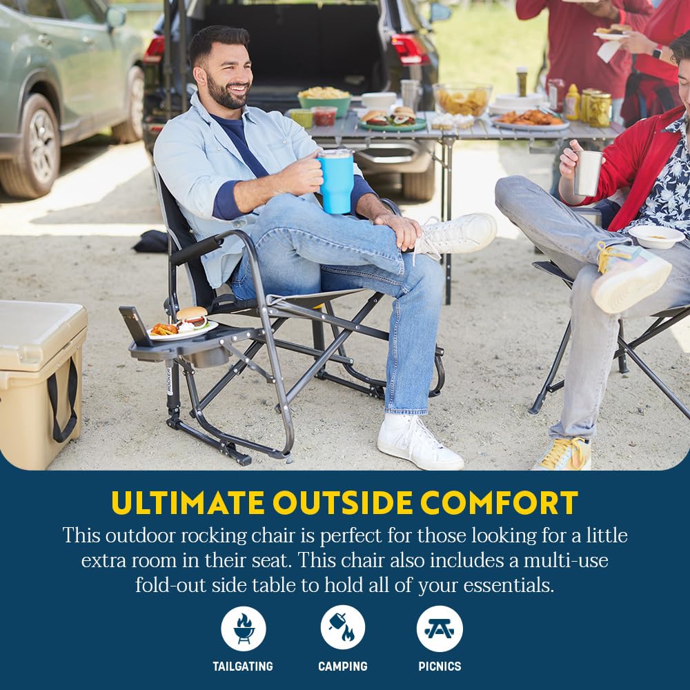 GCI Outdoor Freestyle Rocker XL side table close-up with cup holder for hands-free convenience