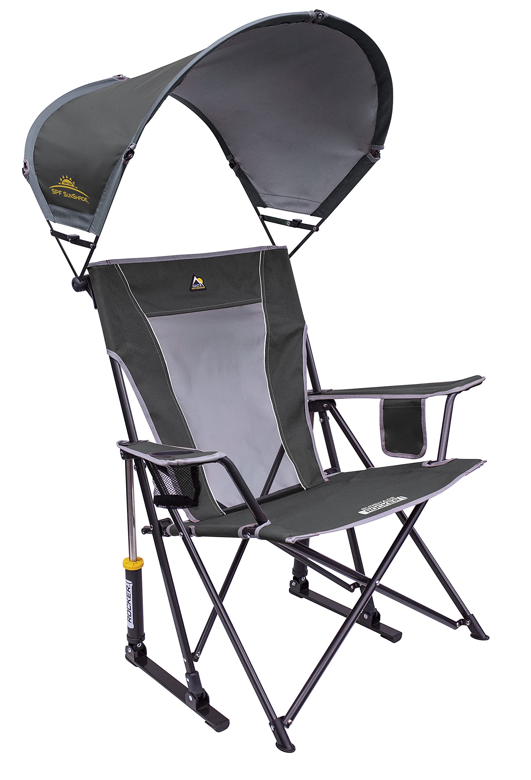GCI Outdoor front view of rocking chair showing canopy and cup holder for comfortable seating