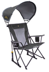 GCI Outdoor front view of rocking chair showing canopy and cup holder for comfortable seating