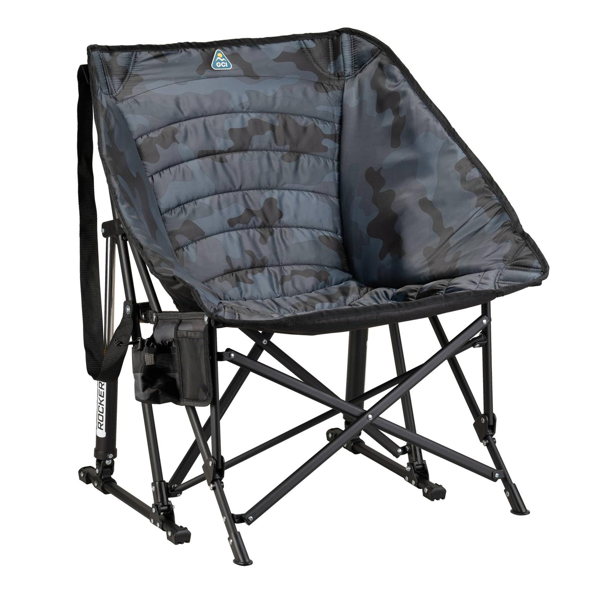 GCI Outdoor Puff Rocker front view showing camo fabric and stable seat for comfort