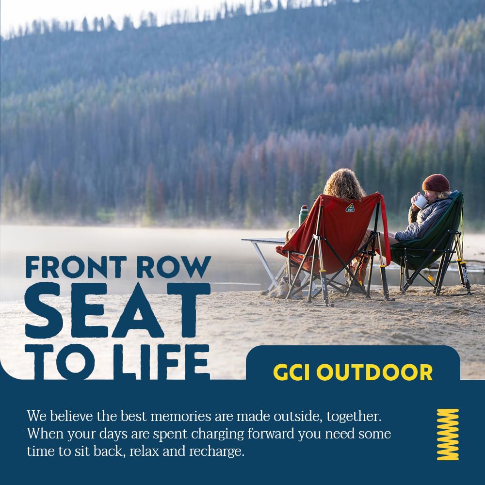 GCI Outdoor Puff Rocker next to backpack showing compact size and portability