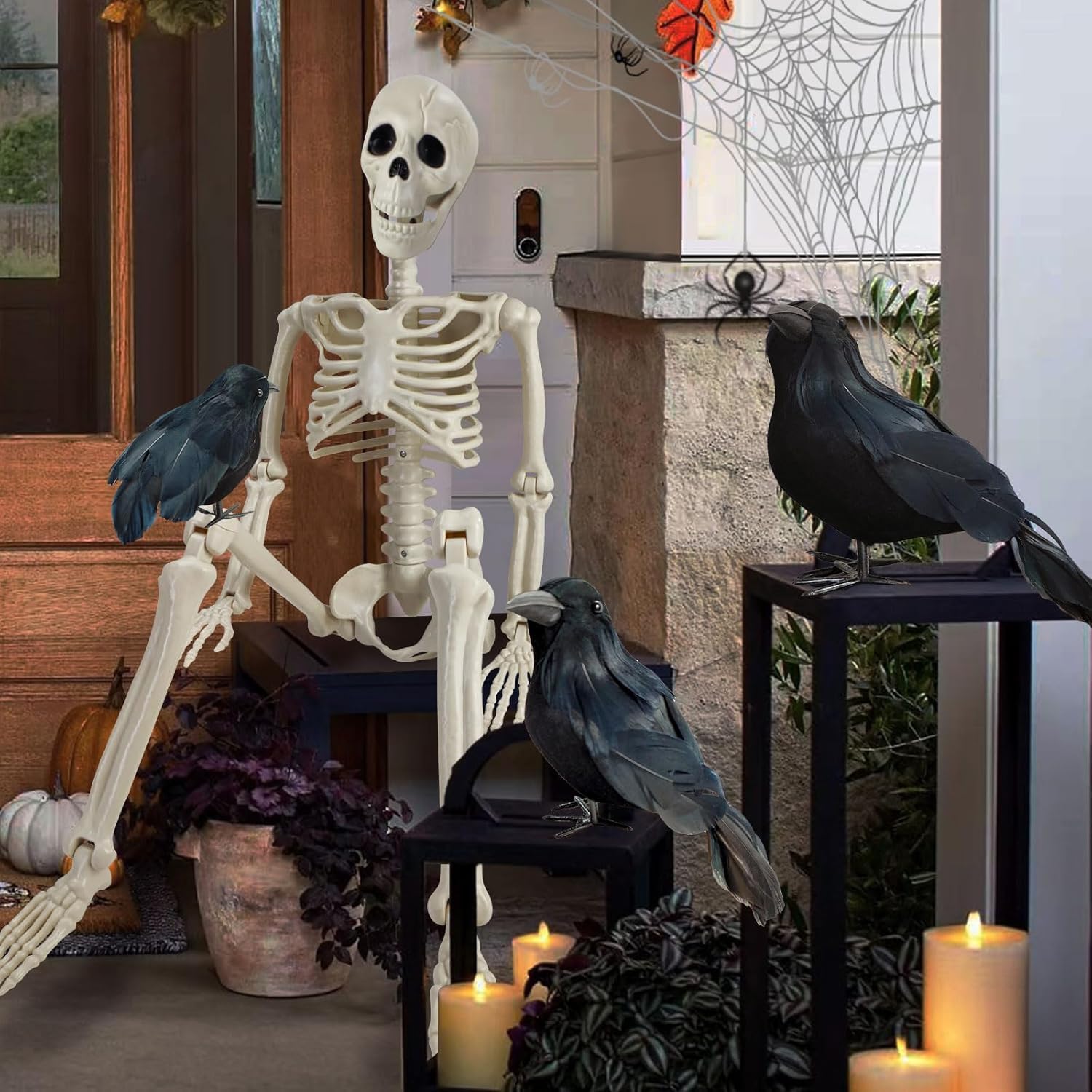 GCNBCNB skeleton posed sitting on a porch step benefit: creates a spooky welcome