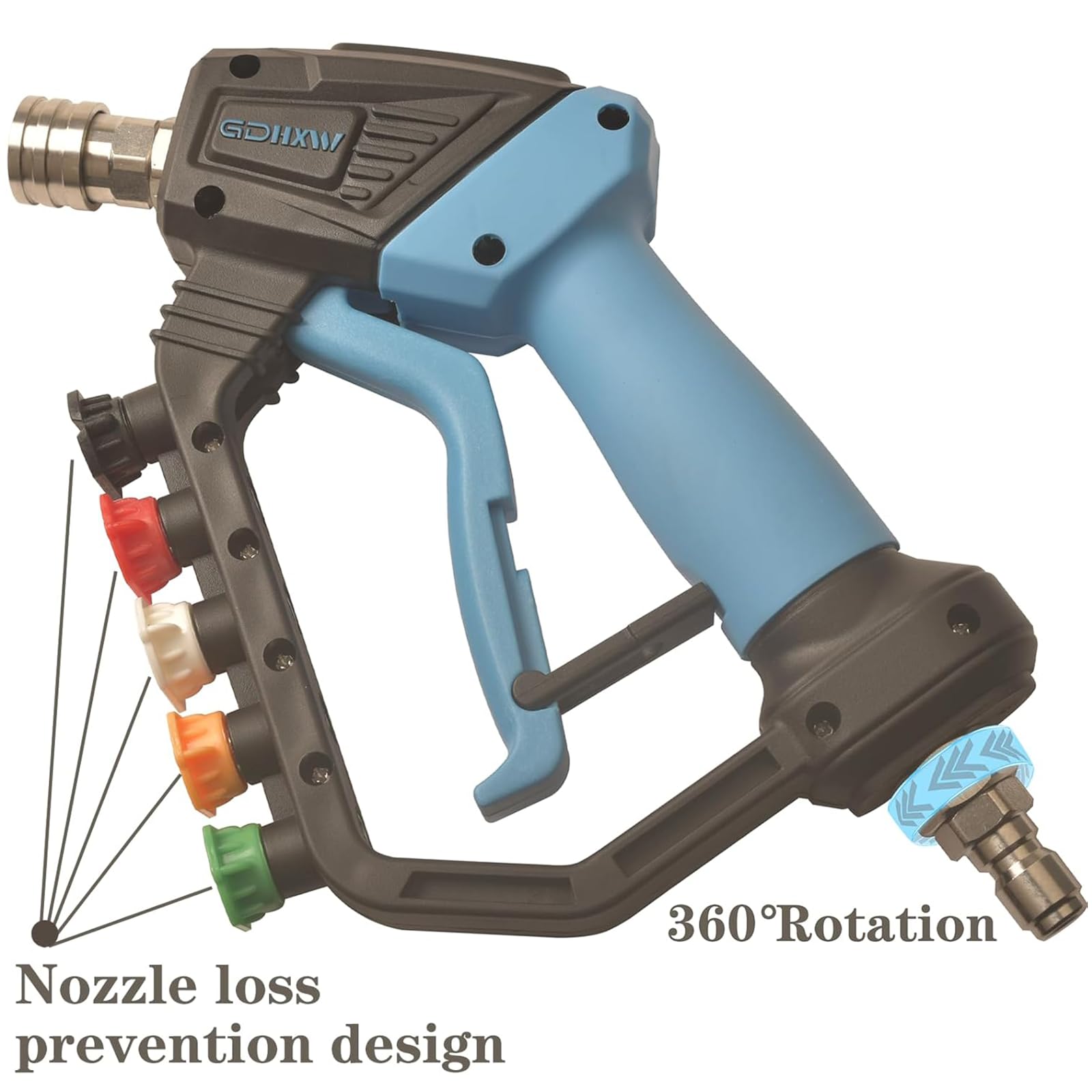 GDHXW nozzle storage rack holding five color-coded tips for quick access