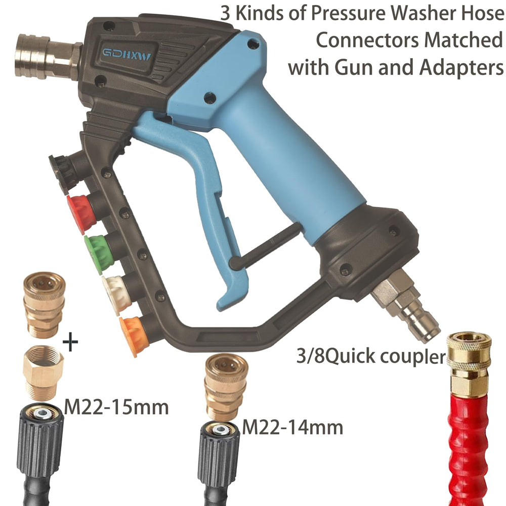 GDHXW gun next to a hose for size scale demonstrating compatibility and easy storage benefit