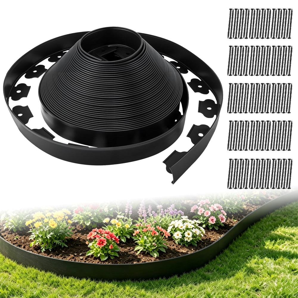 GDLIN front packaging showing 2x100' coil and included stakes for quick setup