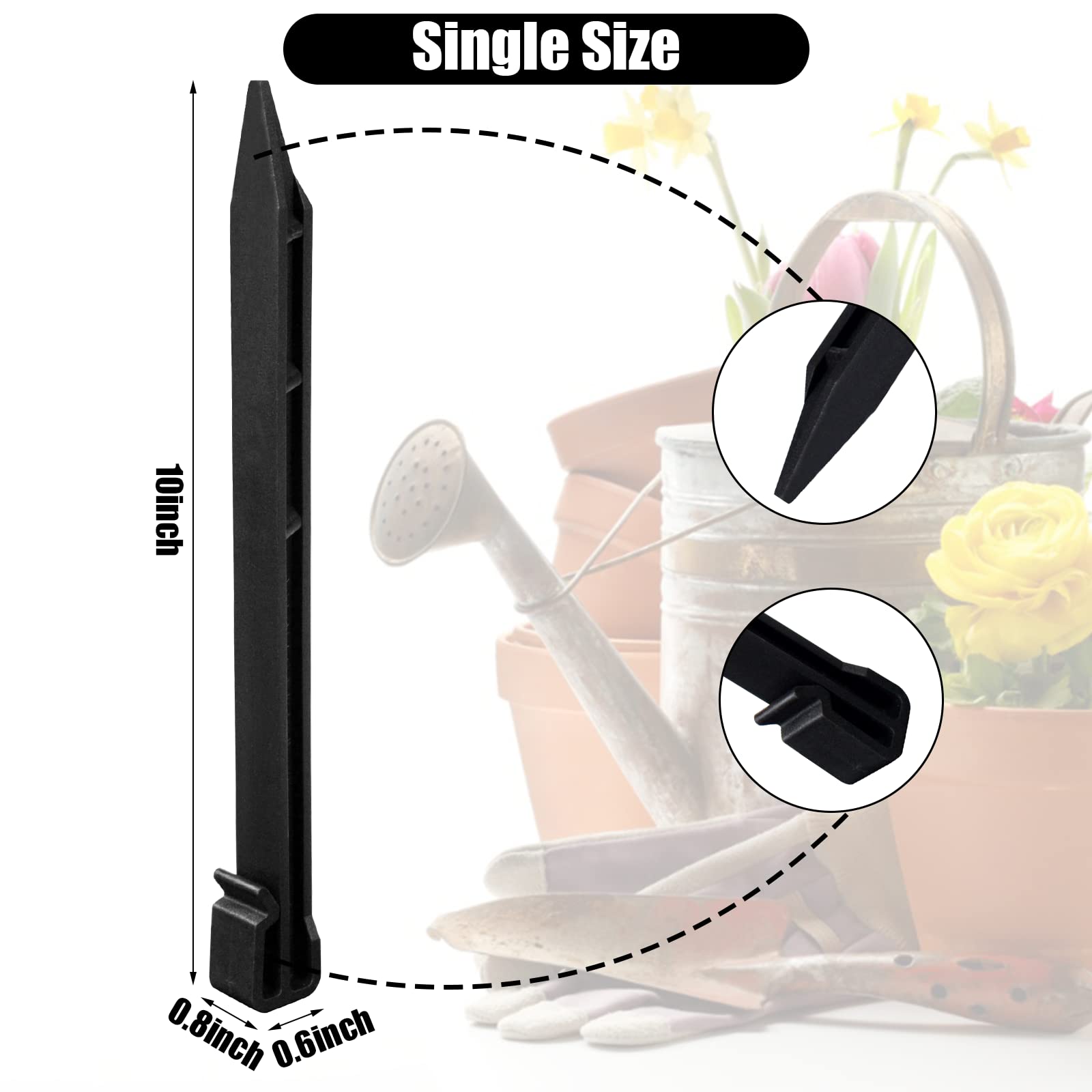 GDNasist stakes driven into soil holding weed fabric showing tidy garden benefit