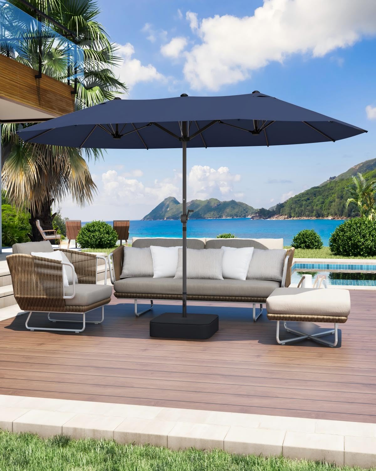 GDPFN navy blue umbrella front view showing generous rectangular shade and neat finish