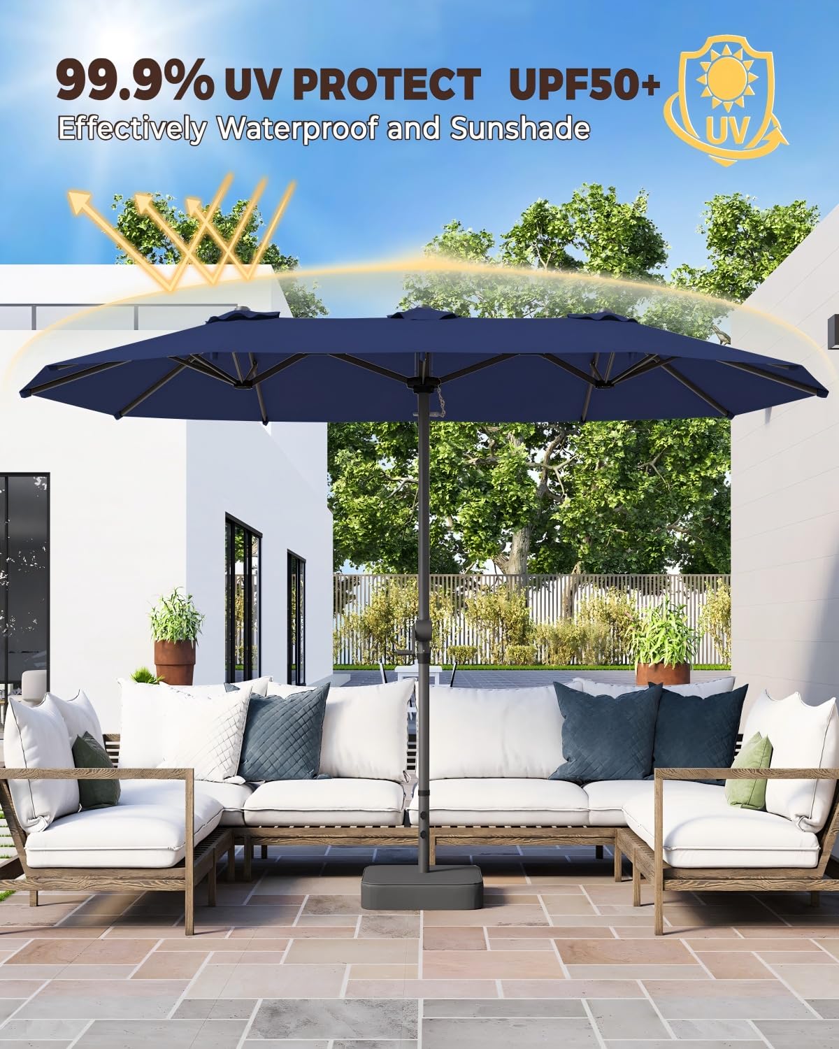 GDPFN umbrella next to patio dining set demonstrating coverage and scale advantage