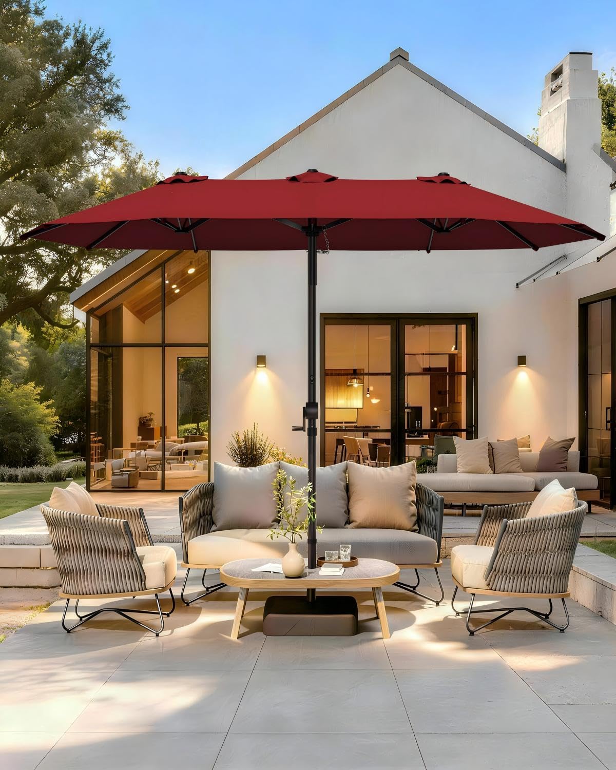 GDPFN umbrella next to patio furniture showing true size and coverage