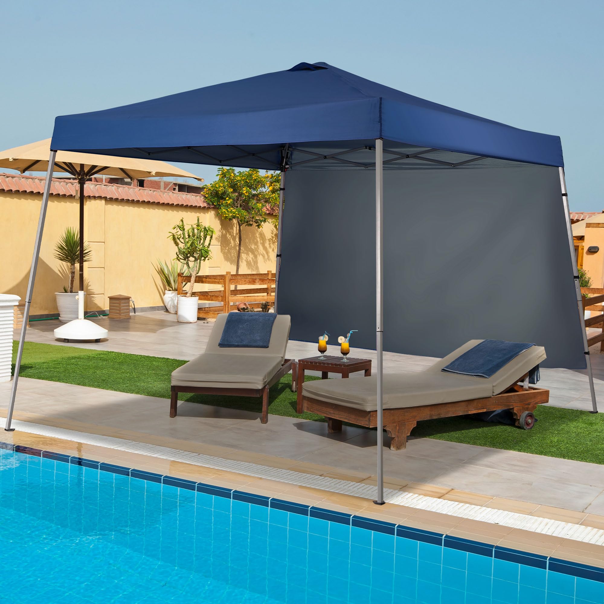 GDY canopy next to seated people showing true 64 sq ft coverage benefit