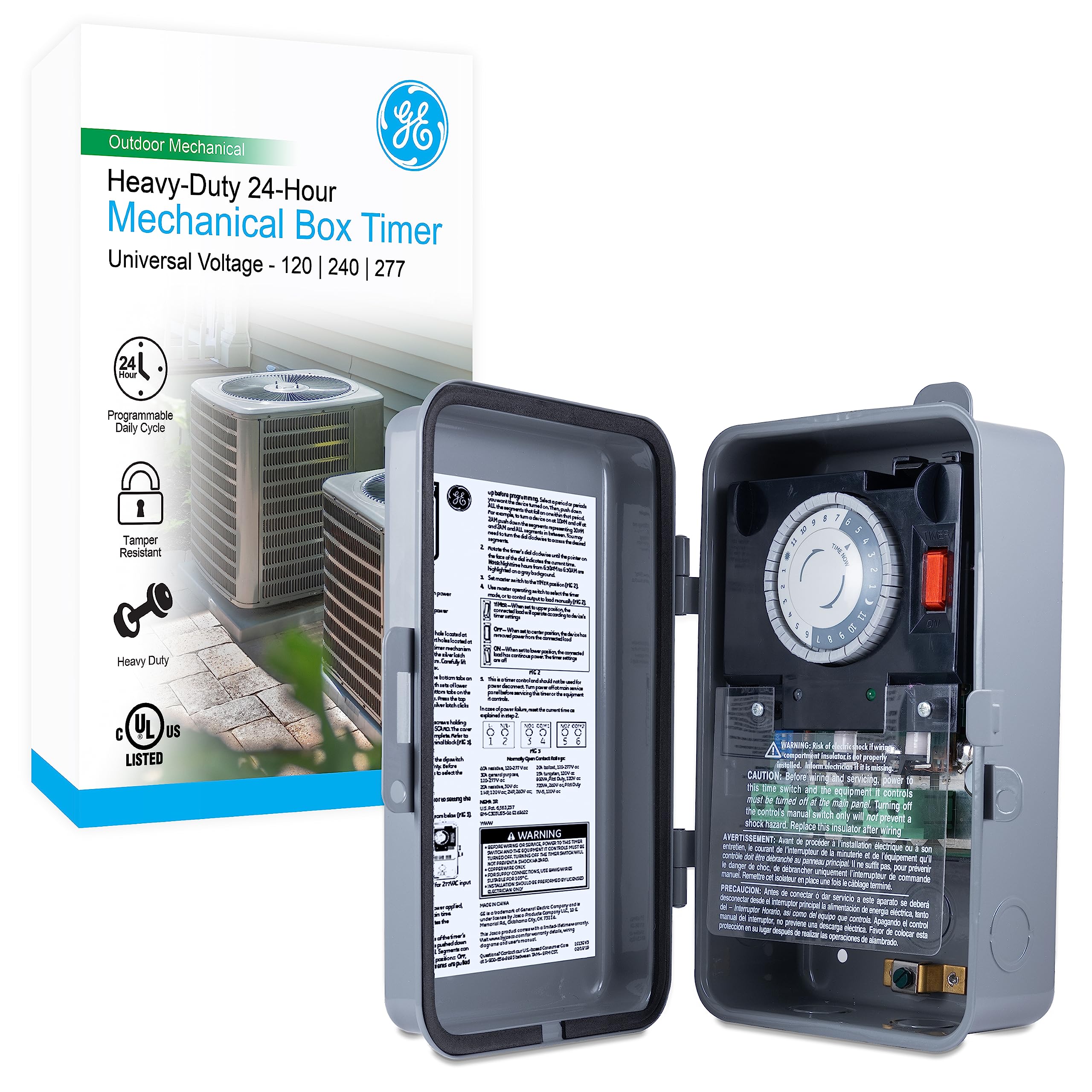 GE mechanical timer front panel showing dial and manual override for easy scheduling
