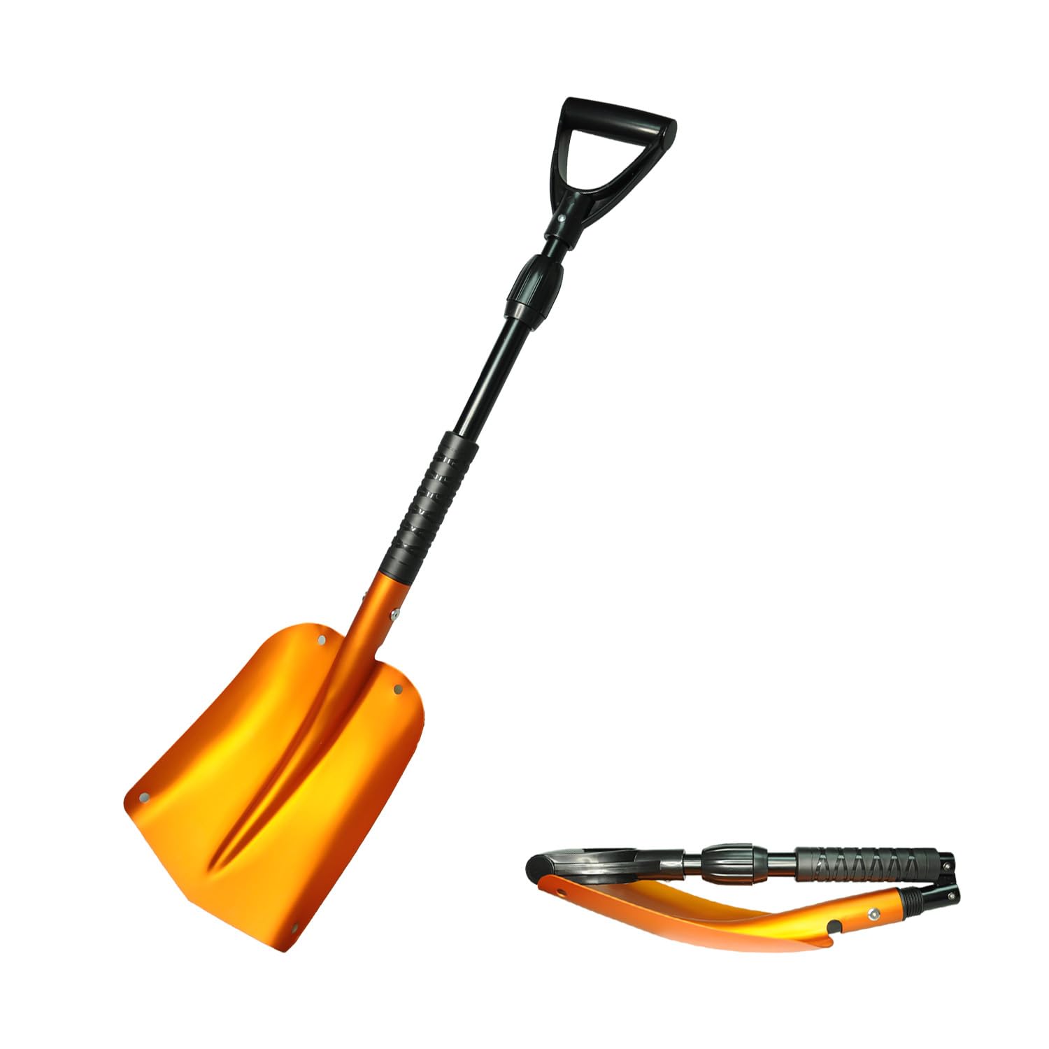 GEARFLAG front view of packaged shovel showing bright orange finish and compact design benefits