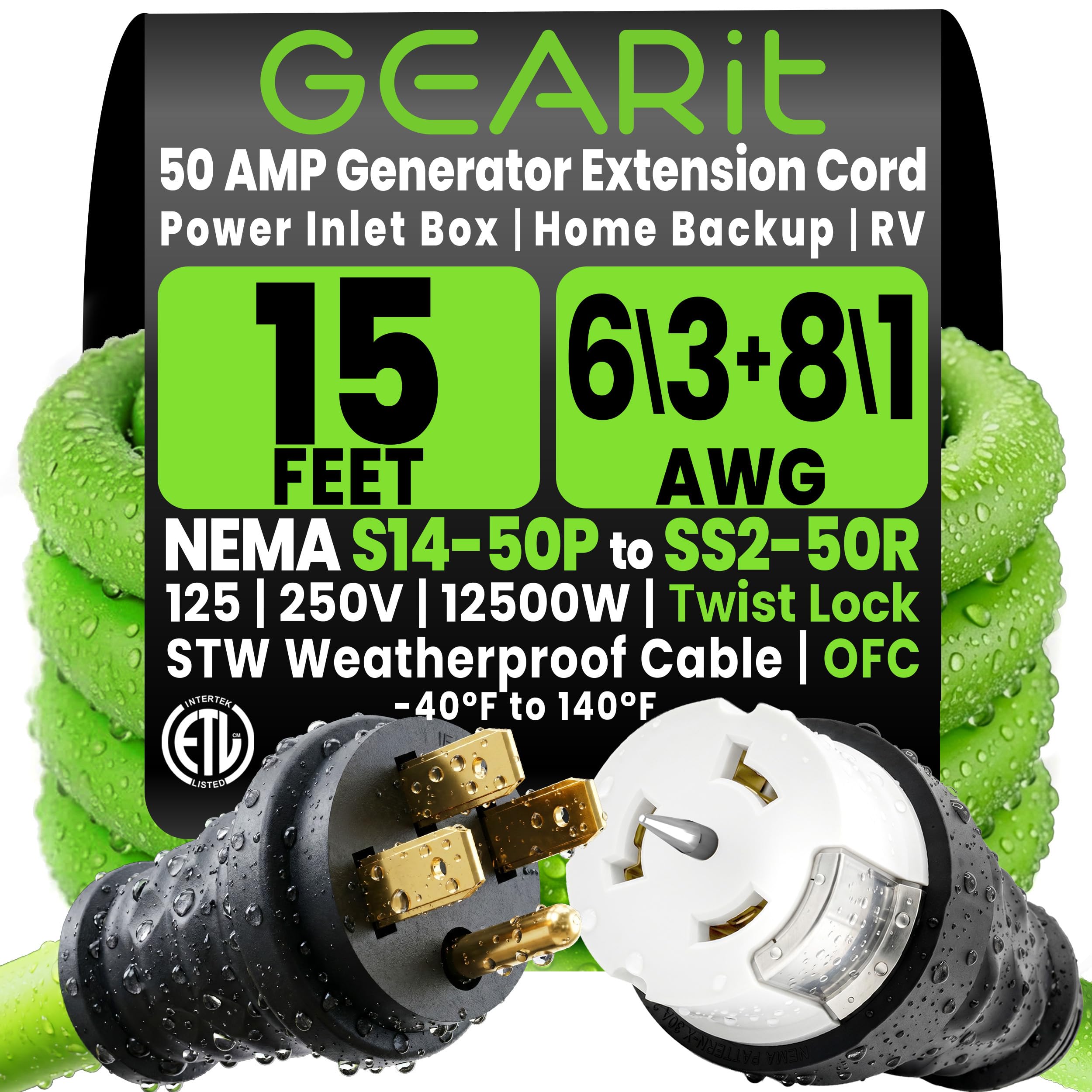 GEARit front NEMA 14-50P plug showing secure fit and safer connections