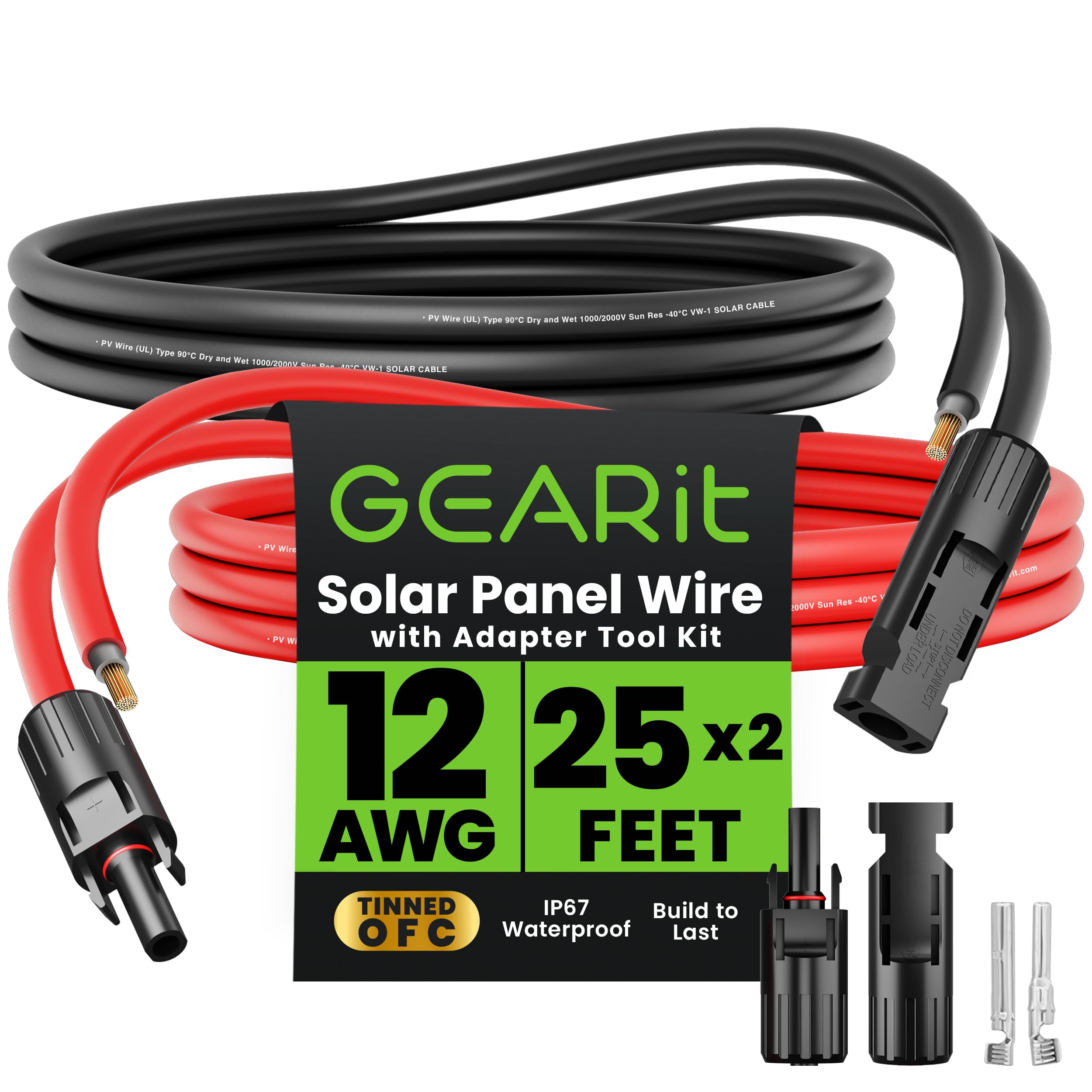 GEARit front packaging showing 25ft red and black MC4 pair and kit benefits