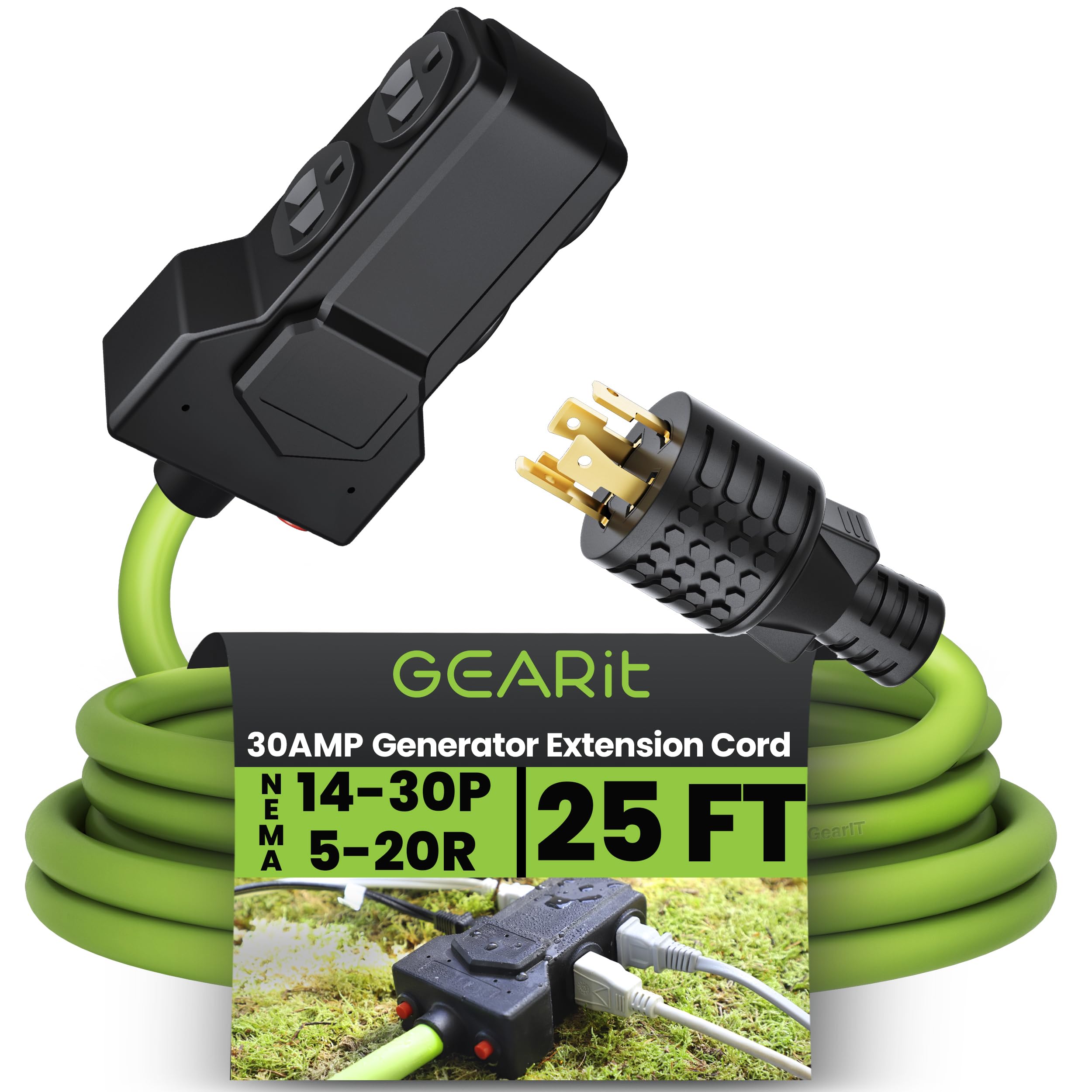 GEARit front view showing plug and four duplex outlets for flexible power distribution