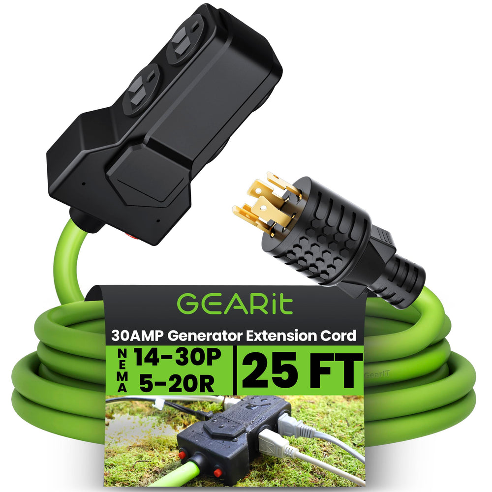 GEARit front view showing plug and four duplex outlets for flexible power distribution