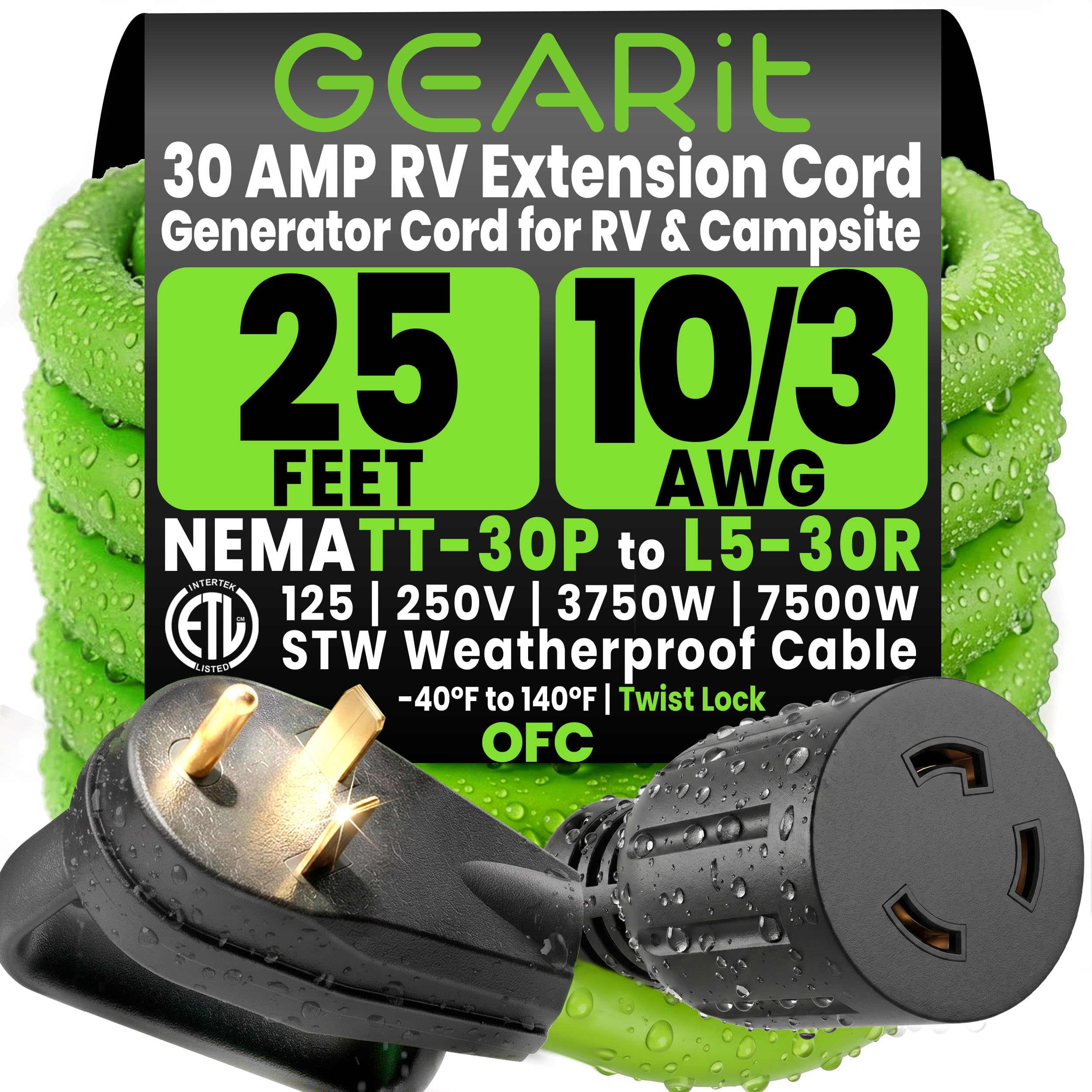 GEARit front view showing TT-30P plug and L5-30R receptacle for secure hookups