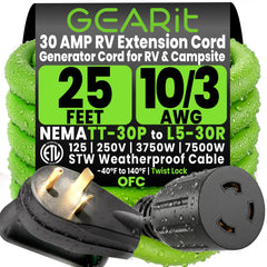 GEARit front view showing TT-30P plug and L5-30R receptacle for secure hookups