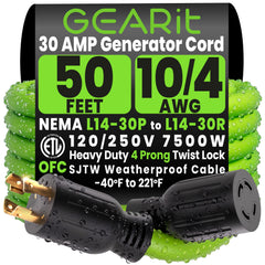 GEARit front view showing locking L14-30 connector and green jacket benefit secure connection