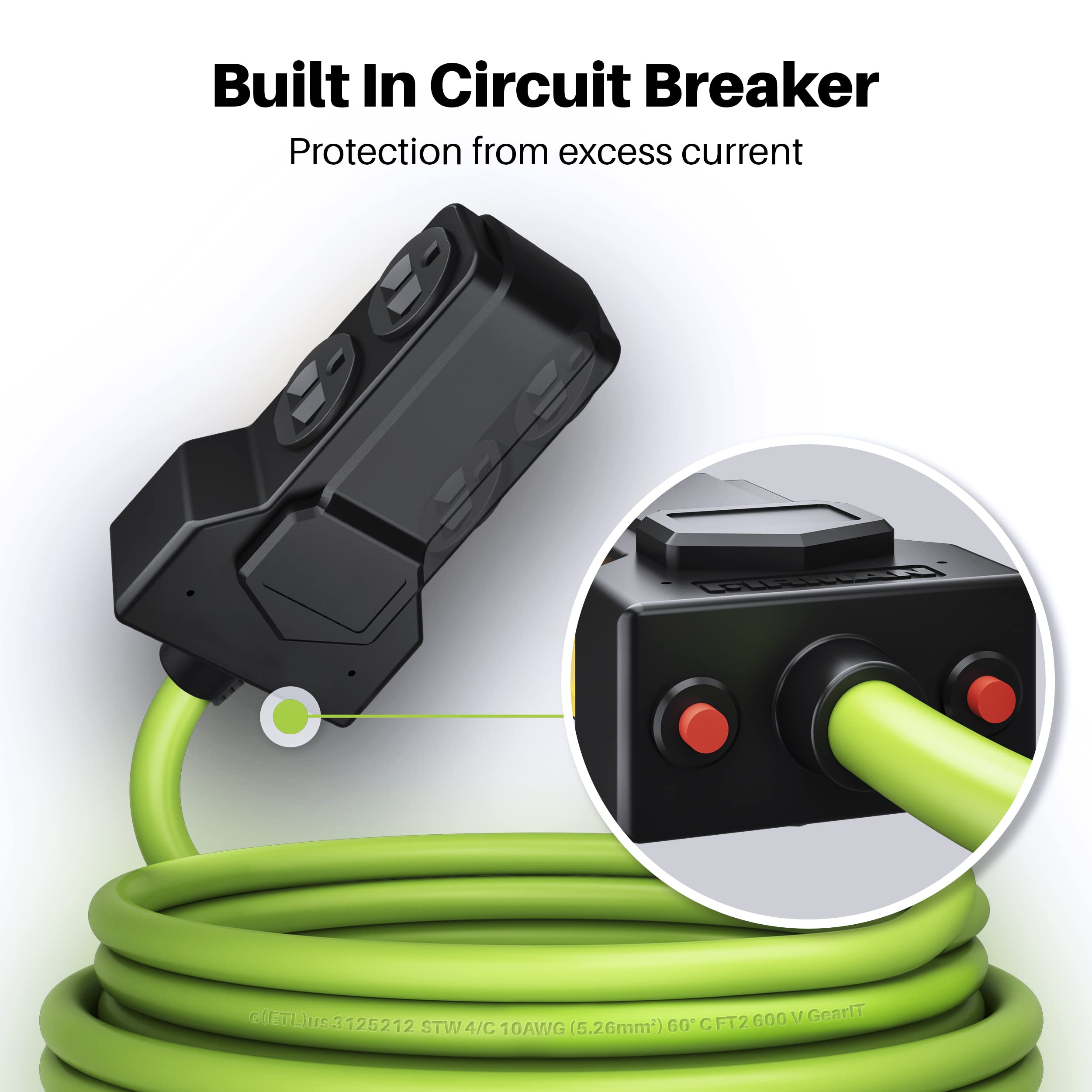 GEARit coiled 25ft cord beside a ruler showing length and easy storage benefit