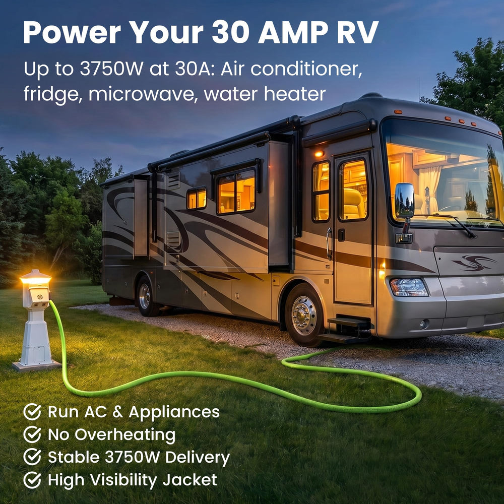 GEARit cable shown beside RV tire to show 25 ft scale and campsite fit