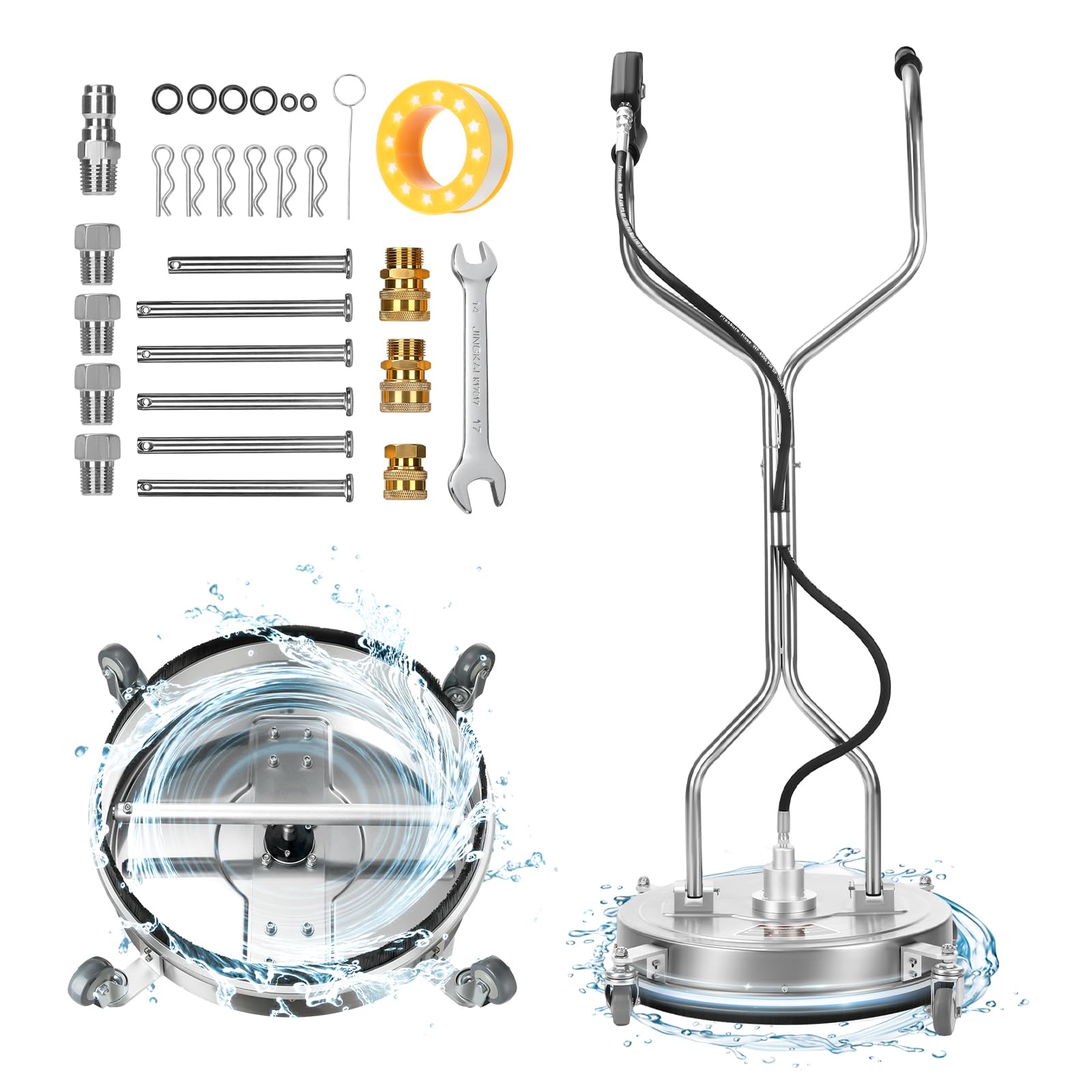 GEARWAVE accessories laid out including nozzles fittings wrench and tape for quick setup