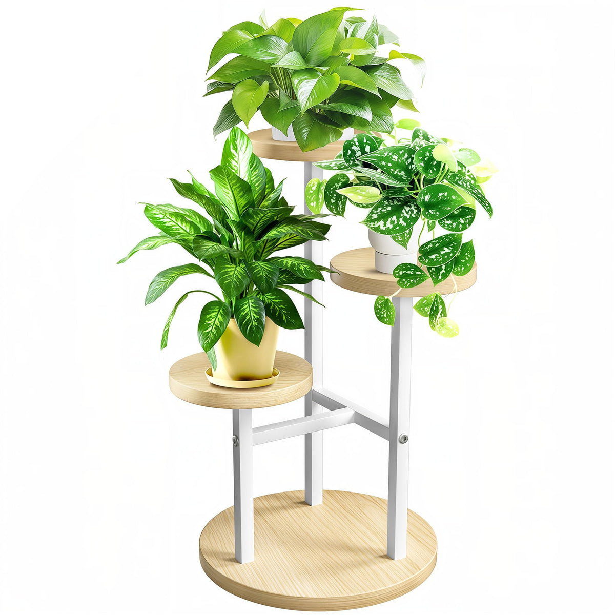 GEEBOBO front view of 3-tier white plant stand showing neat plant display and compact footprint