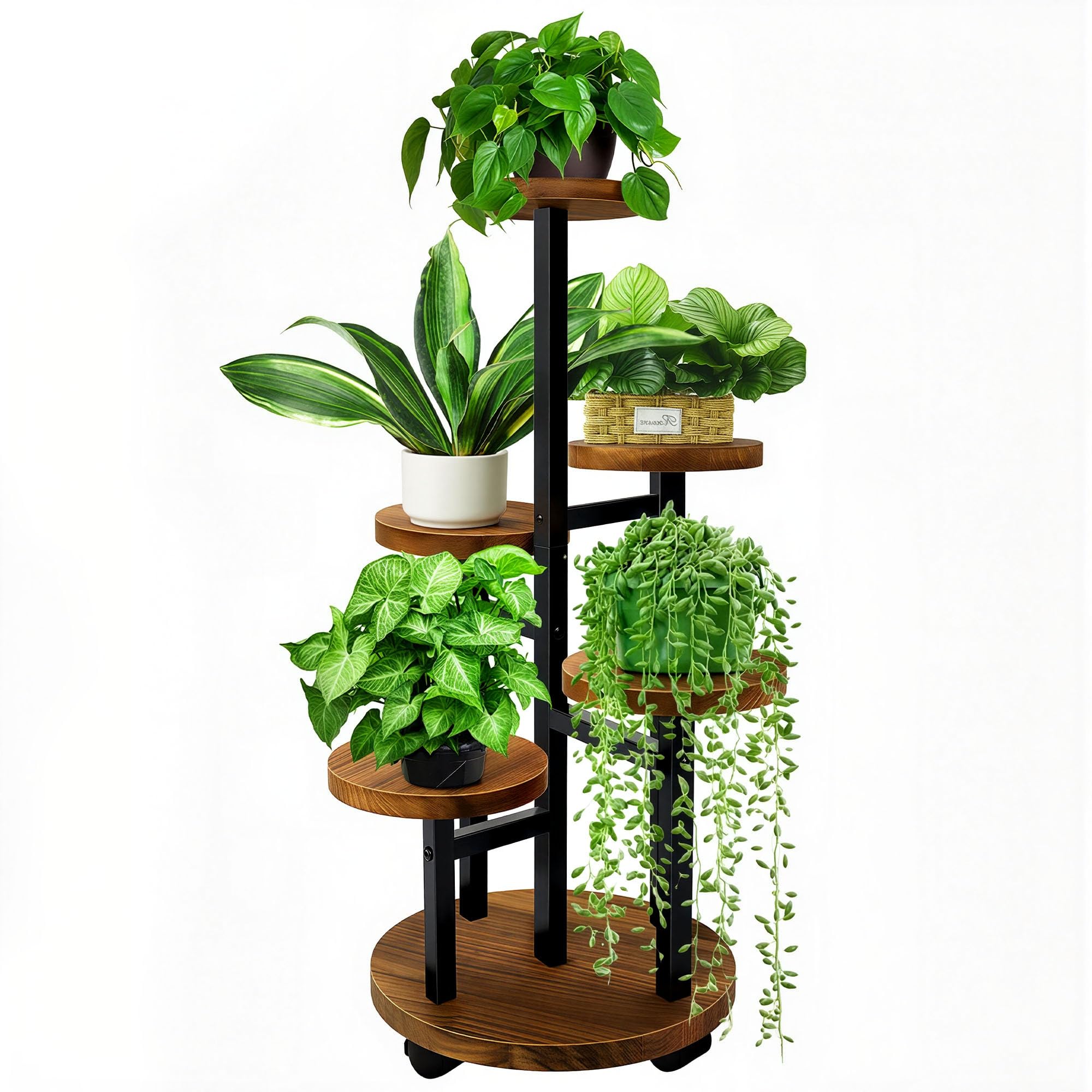 GEEBOBO plant stand front view showing five tiers and compact footprint, adds organized display