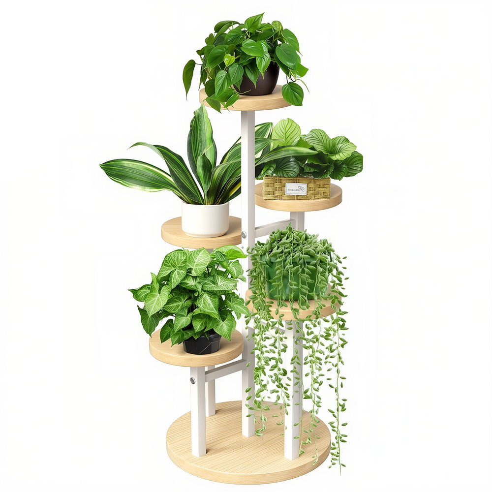 GEEBOBO front view of walnut 5-tier plant stand showing compact vertical display benefit