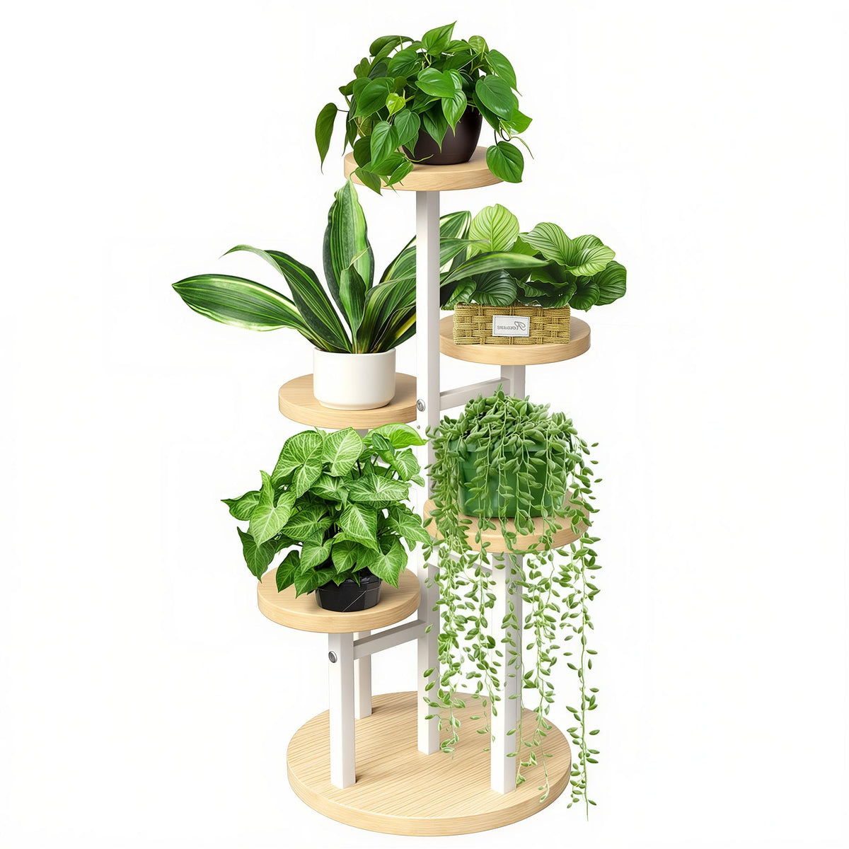 GEEBOBO front view of walnut 5-tier plant stand showing compact vertical display benefit